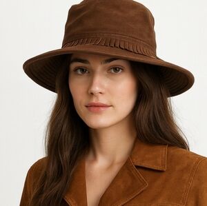 Vintage 70's Style Brown Suede Western Style Fringe Hat O/S Festival Boho